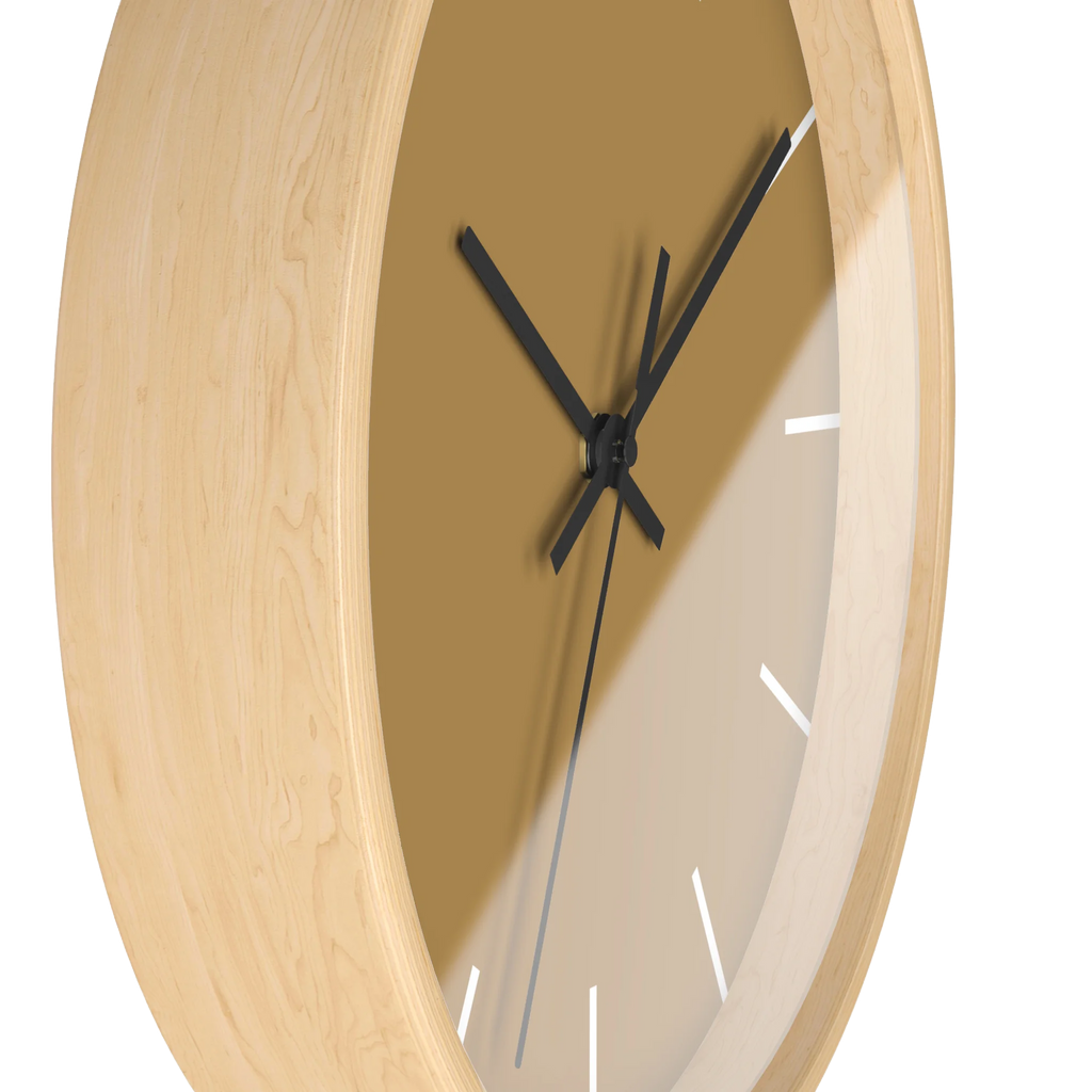 Tan driftwood brown silent wall clock, wooden base, black hands, white markers, 10 inch, side view.