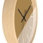 Tan driftwood brown silent wall clock, wooden base, black hands, white markers, 10 inch, side view.