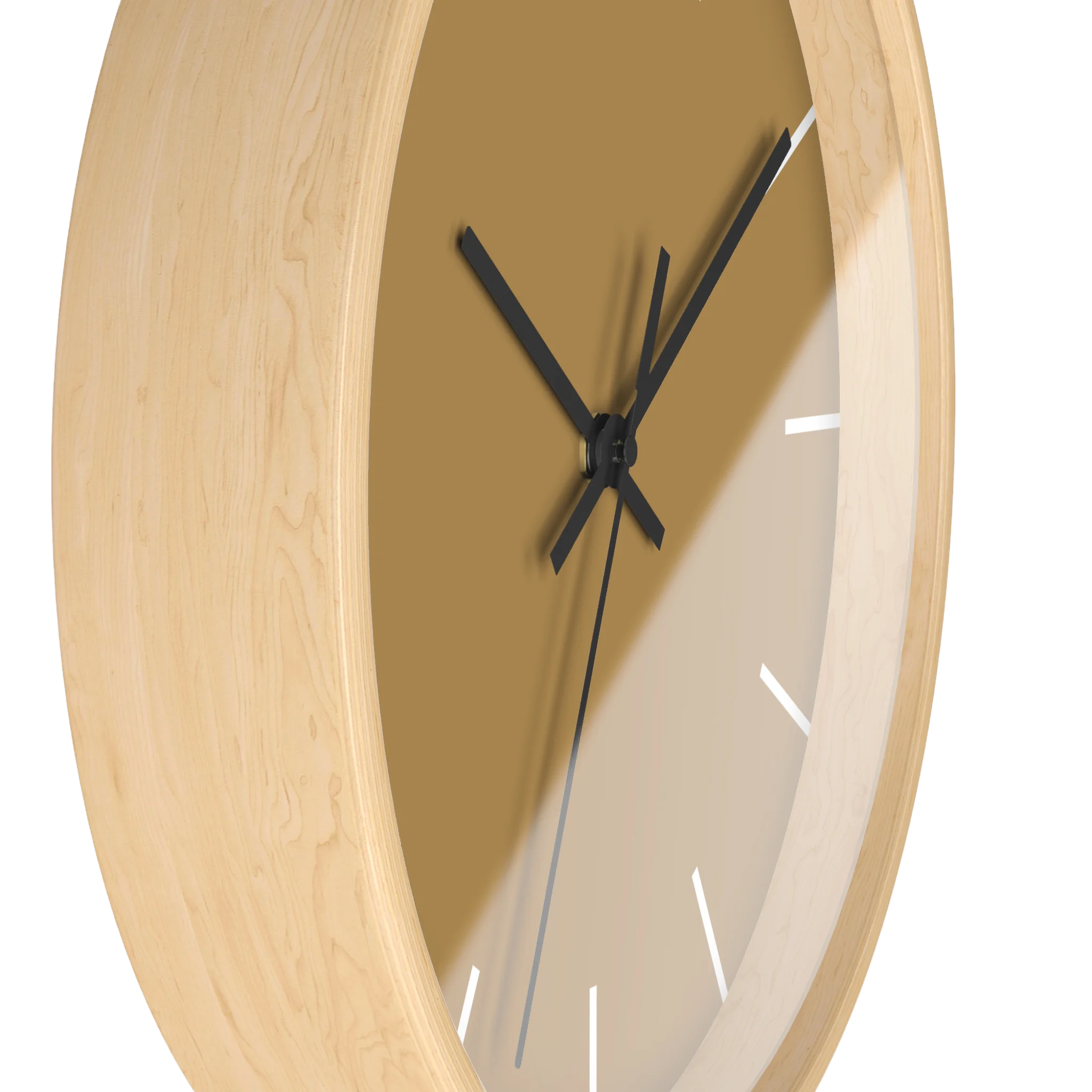 Tan driftwood brown silent wall clock, wooden base, black hands, white markers, 10 inch, side view.