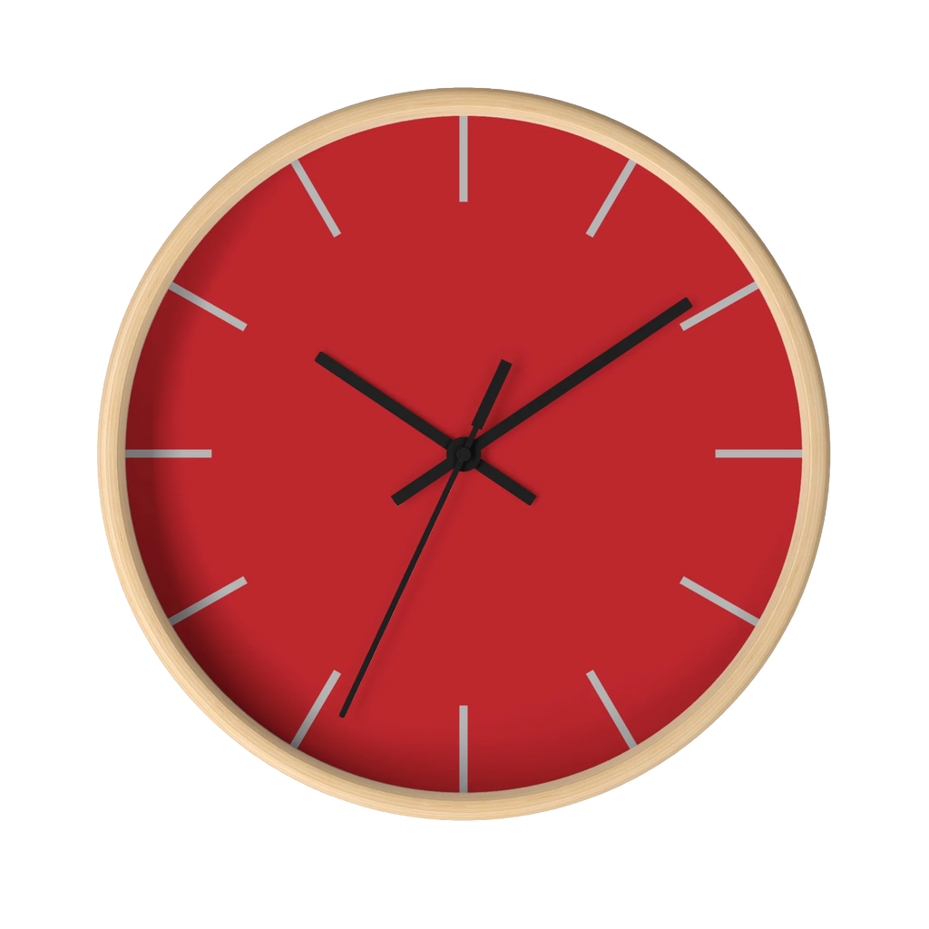 Traditional Red silent wall clock, wooden base, black hands, grey markers, 10 inch, front view.