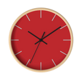 Traditional Red silent wall clock, wooden base, black hands, grey markers, 10 inch, front view.