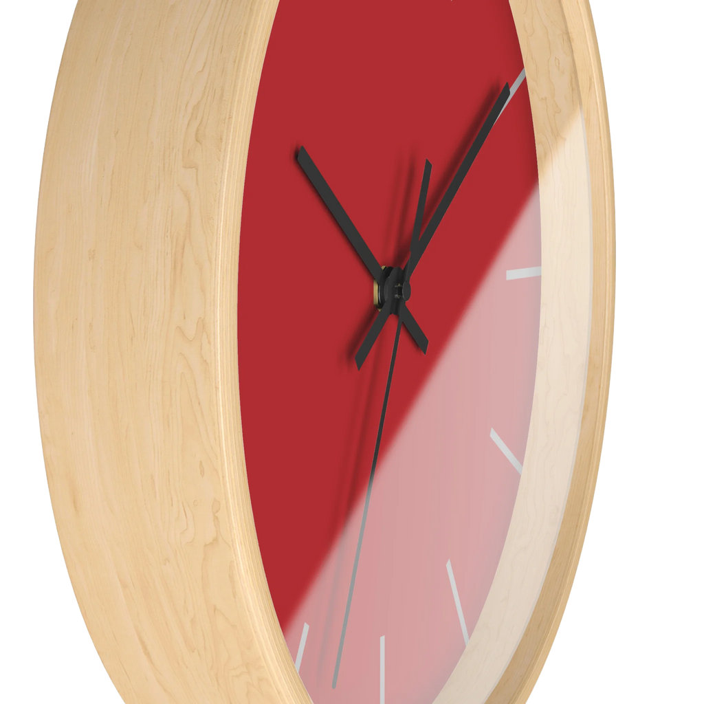 Traditional Red silent wall clock, wooden base, black hands, grey markers, 10 inch, side view.