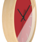 Traditional Red silent wall clock, wooden base, black hands, grey markers, 10 inch, side view.
