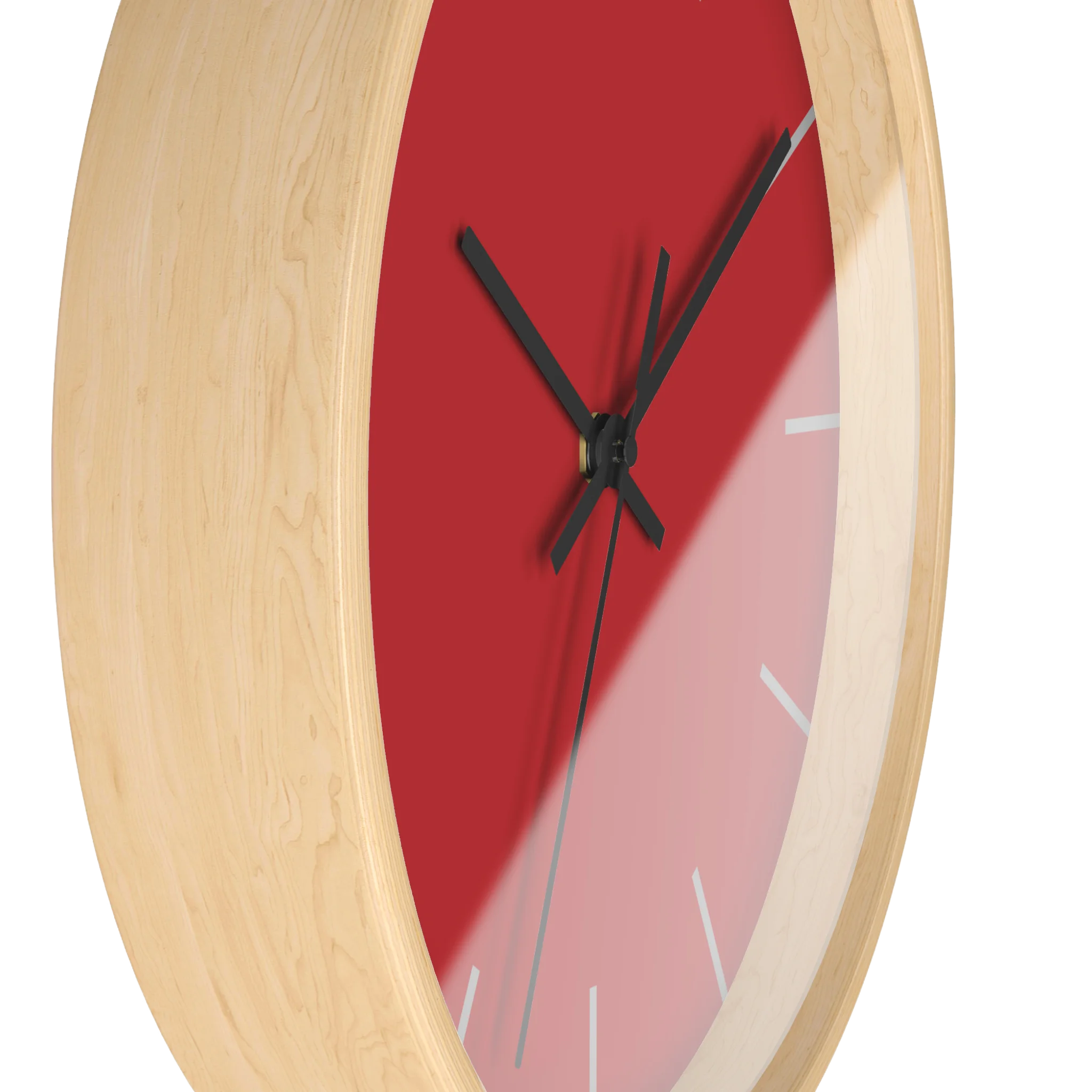 Traditional Red silent wall clock, wooden base, black hands, grey markers, 10 inch, side view.