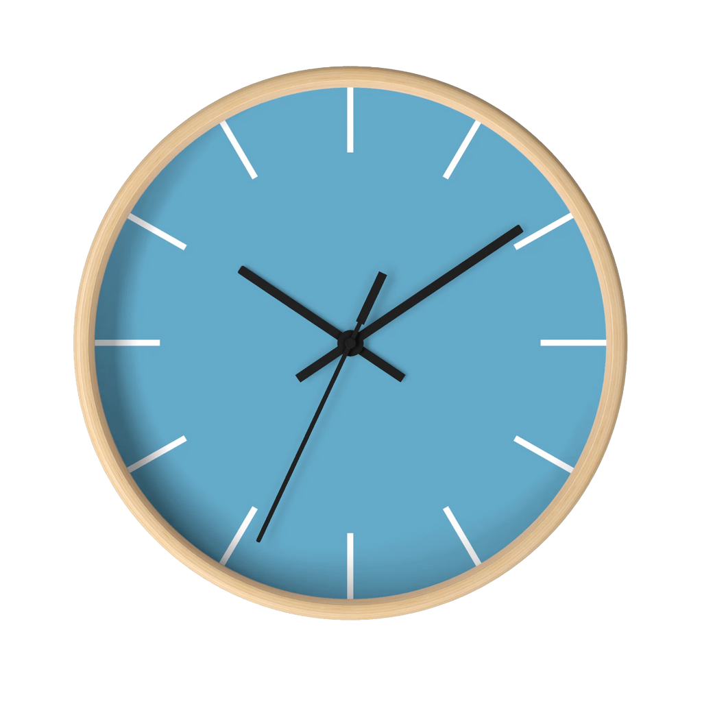 Vintage aqua silent wall clock, wooden base, black hands, white markers, 10 inch, front view.