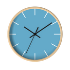 Vintage aqua silent wall clock, wooden base, black hands, white markers, 10 inch, front view.
