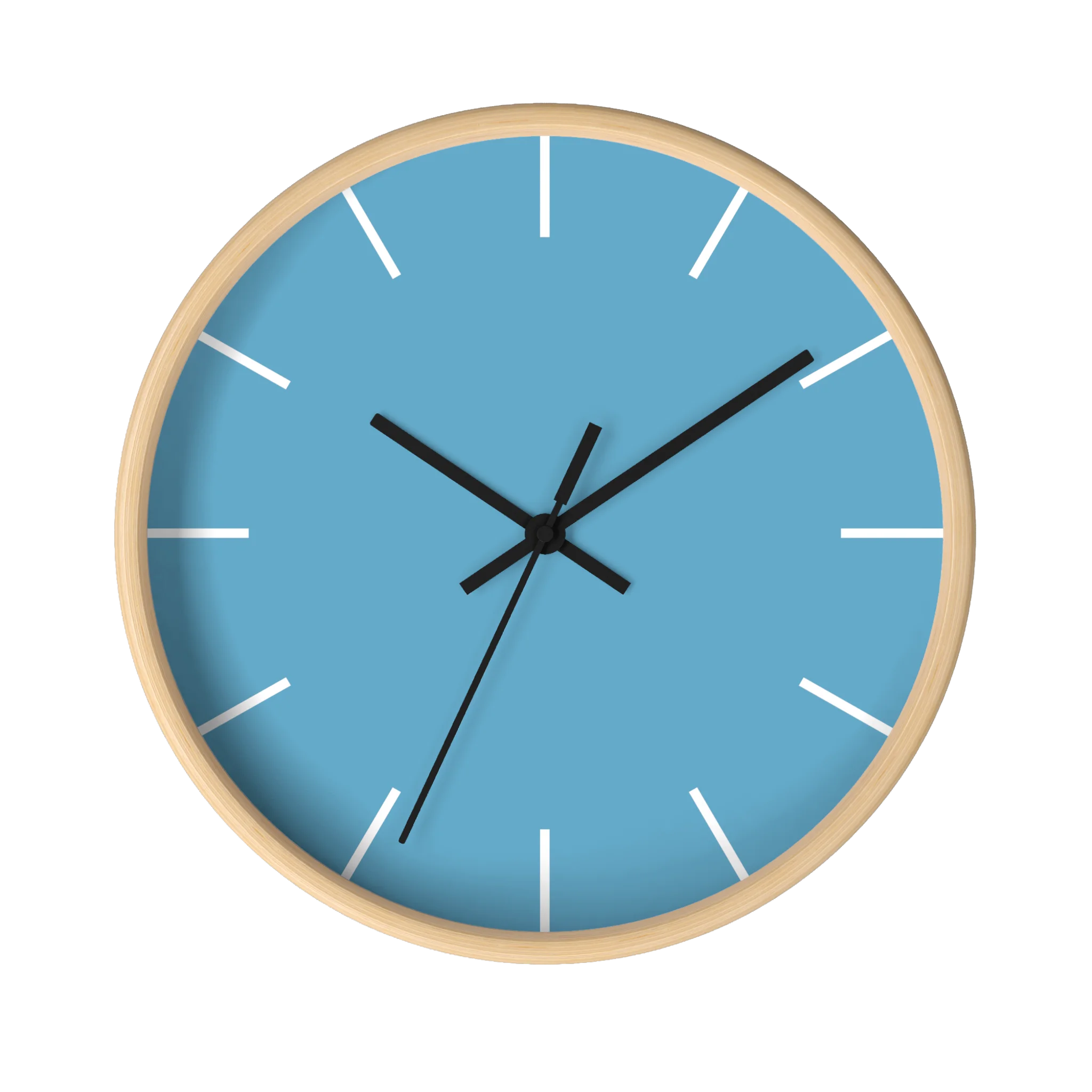 Vintage aqua silent wall clock, wooden base, black hands, white markers, 10 inch, front view.