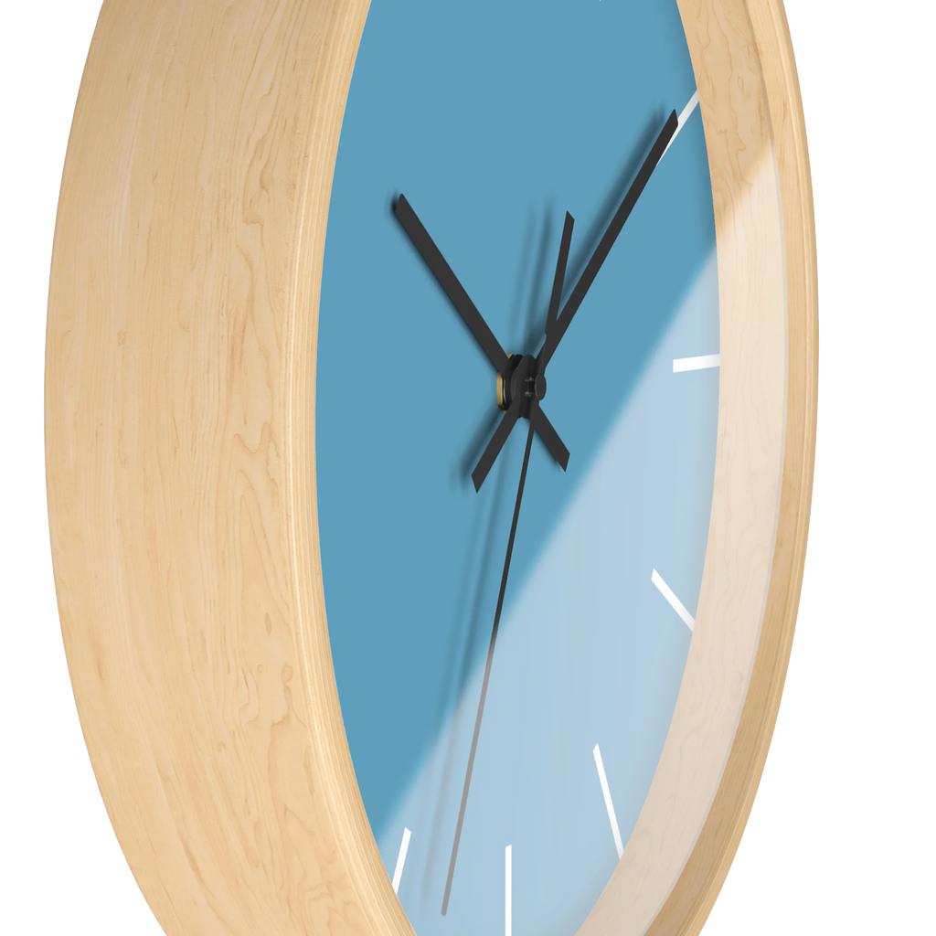 Vintage aqua silent wall clock, wooden base, black hands, white markers, 10 inch, side view.