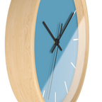 Vintage aqua silent wall clock, wooden base, black hands, white markers, 10 inch, side view.