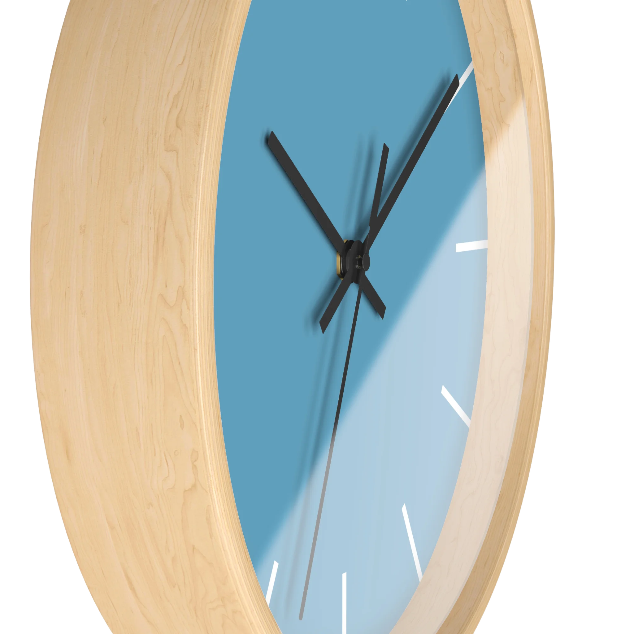 Vintage aqua silent wall clock, wooden base, black hands, white markers, 10 inch, side view.