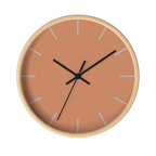 Vintage salmon silent wall clock, wooden base, black hands, light grey markers, 10 inch, front view.
