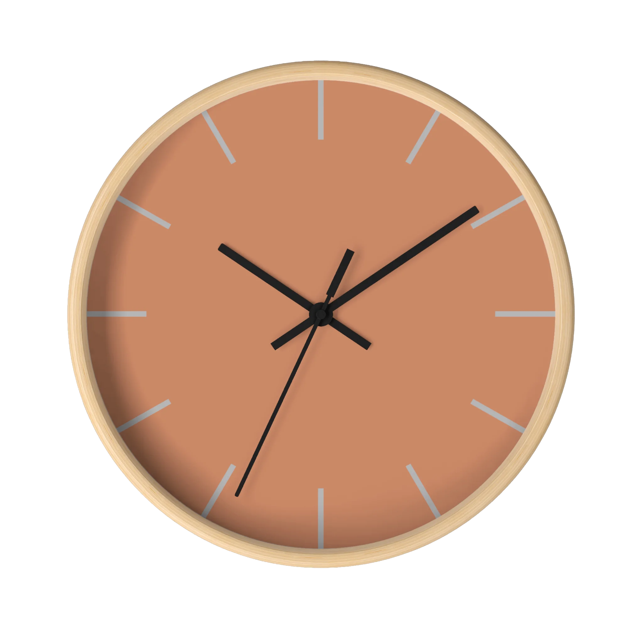 Vintage salmon silent wall clock, wooden base, black hands, light grey markers, 10 inch, front view.