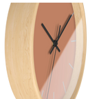 Vintage salmon silent wall clock, wooden base, black hands, light grey markers, 10 inch, side view.