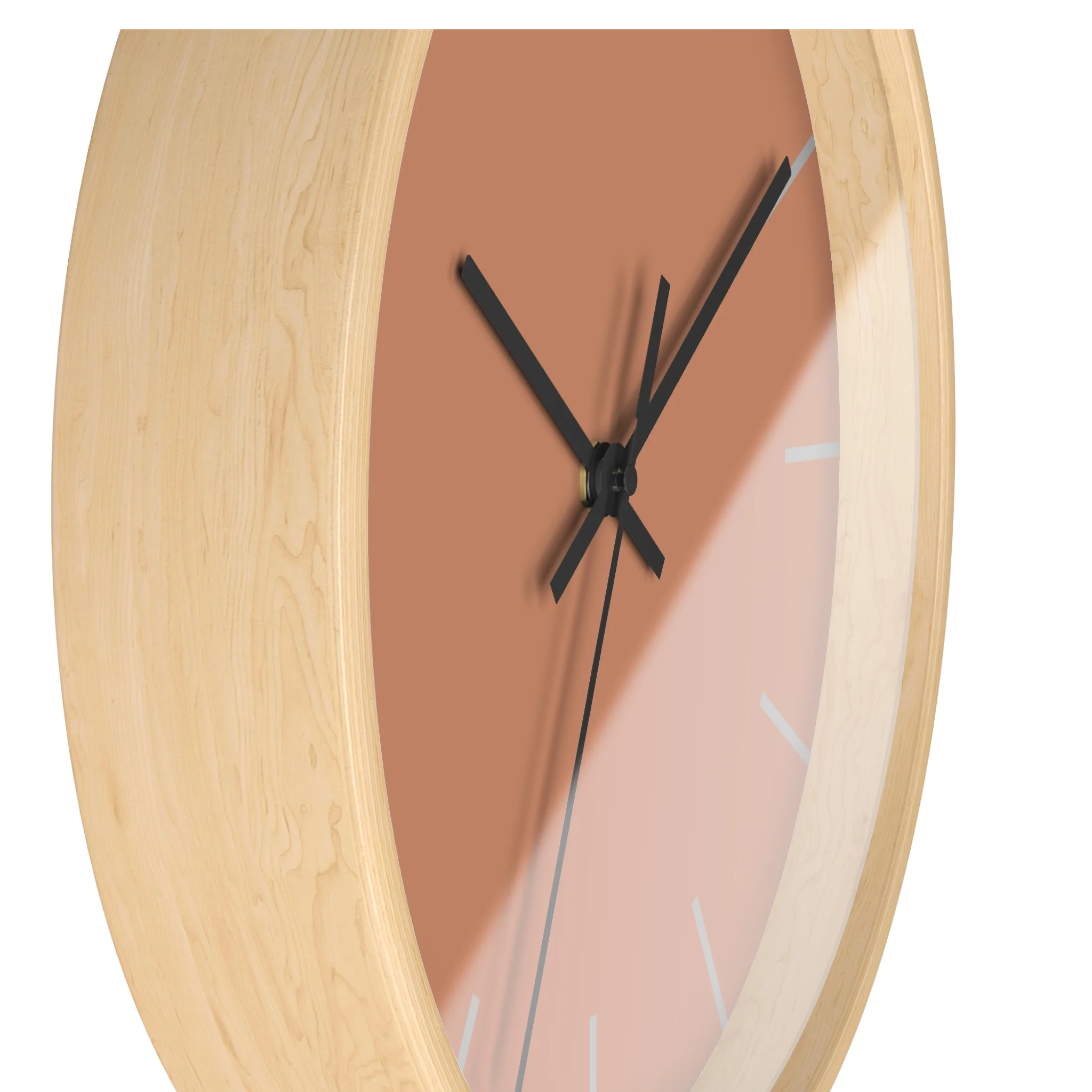 Vintage salmon silent wall clock, wooden base, black hands, light grey markers, 10 inch, side view.