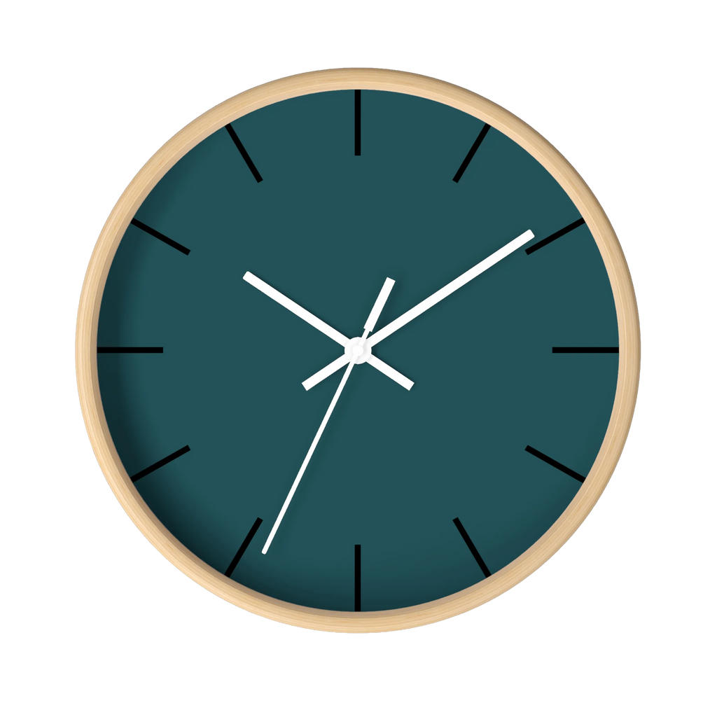 Abstract teal silent wall clock, wooden base, white hands, black markers, 10 inch, front view.