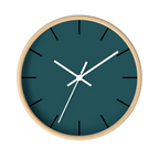 Abstract teal silent wall clock, wooden base, white hands, black markers, 10 inch, front view.