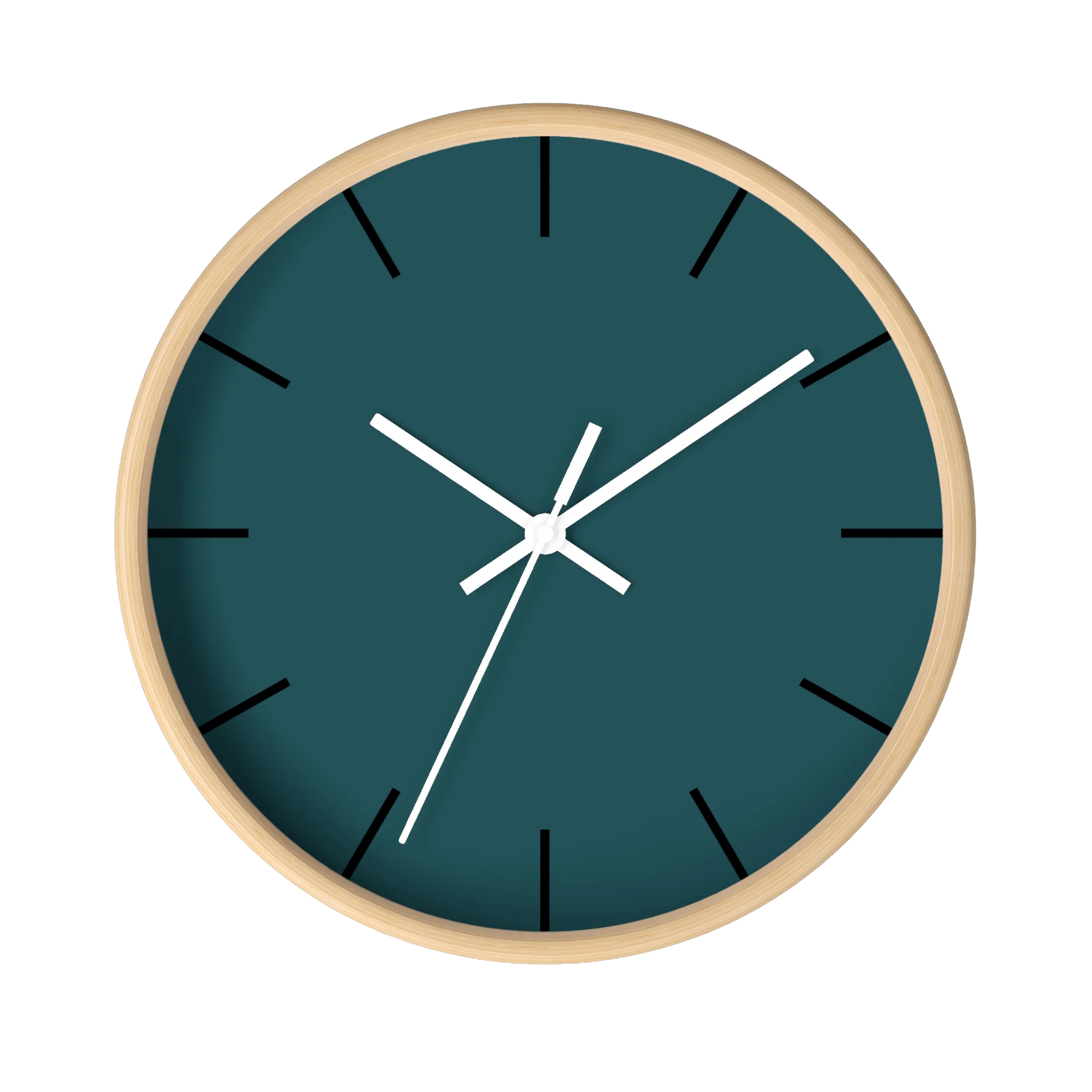 Abstract teal silent wall clock, wooden base, white hands, black markers, 10 inch, front view.