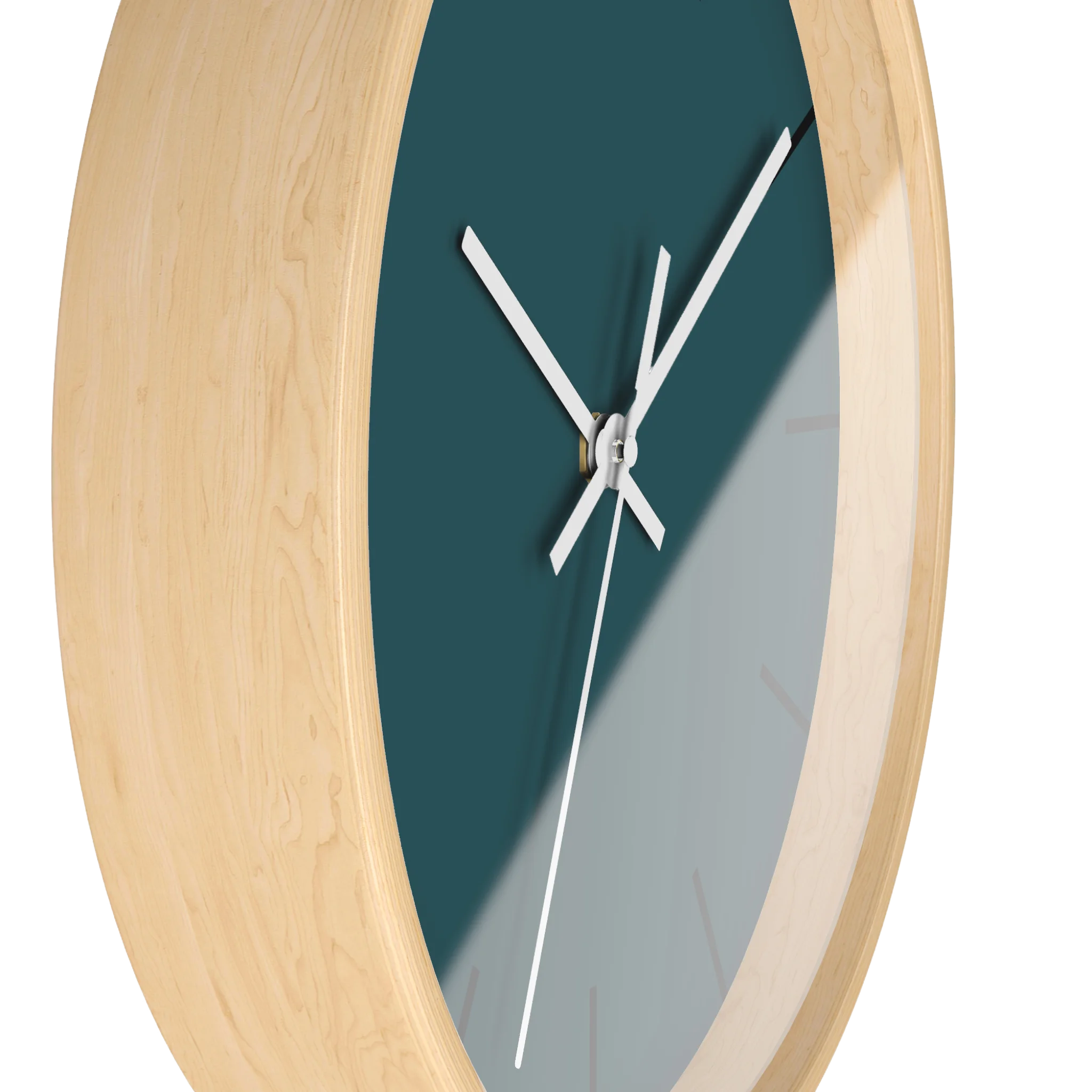 Abstract teal silent wall clock, wooden base, white hands, black markers, 10 inch, side view.