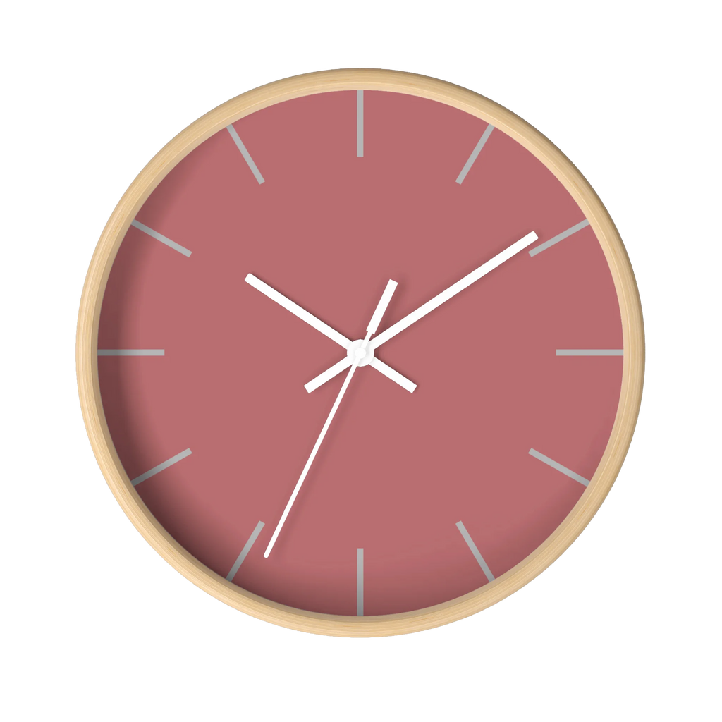 Adore pink silent wall clock, wooden base, white hands, stardust grey markers, 10 inch, front view.