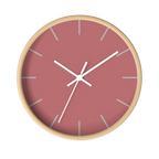 Adore pink silent wall clock, wooden base, white hands, stardust grey markers, 10 inch, front view.
