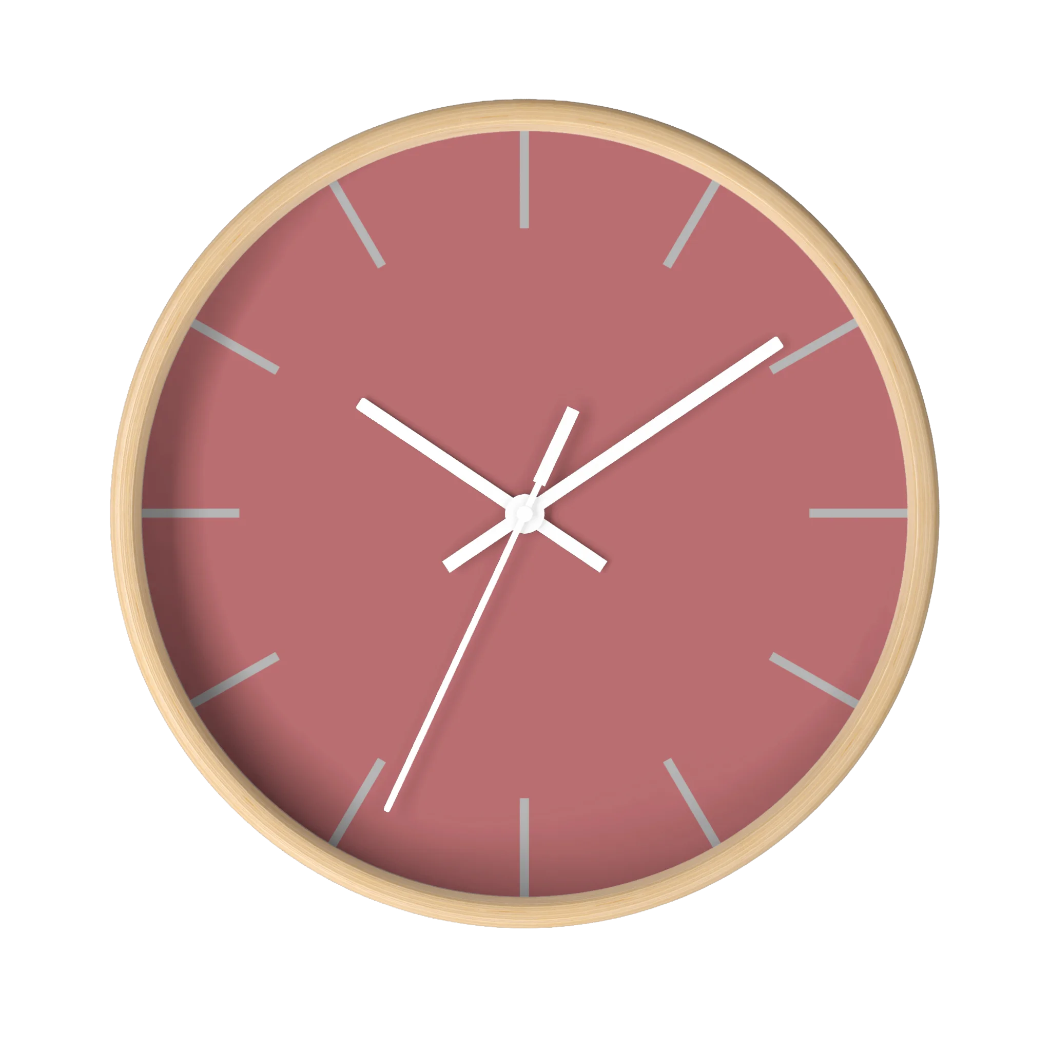 Adore pink silent wall clock, wooden base, white hands, stardust grey markers, 10 inch, front view.