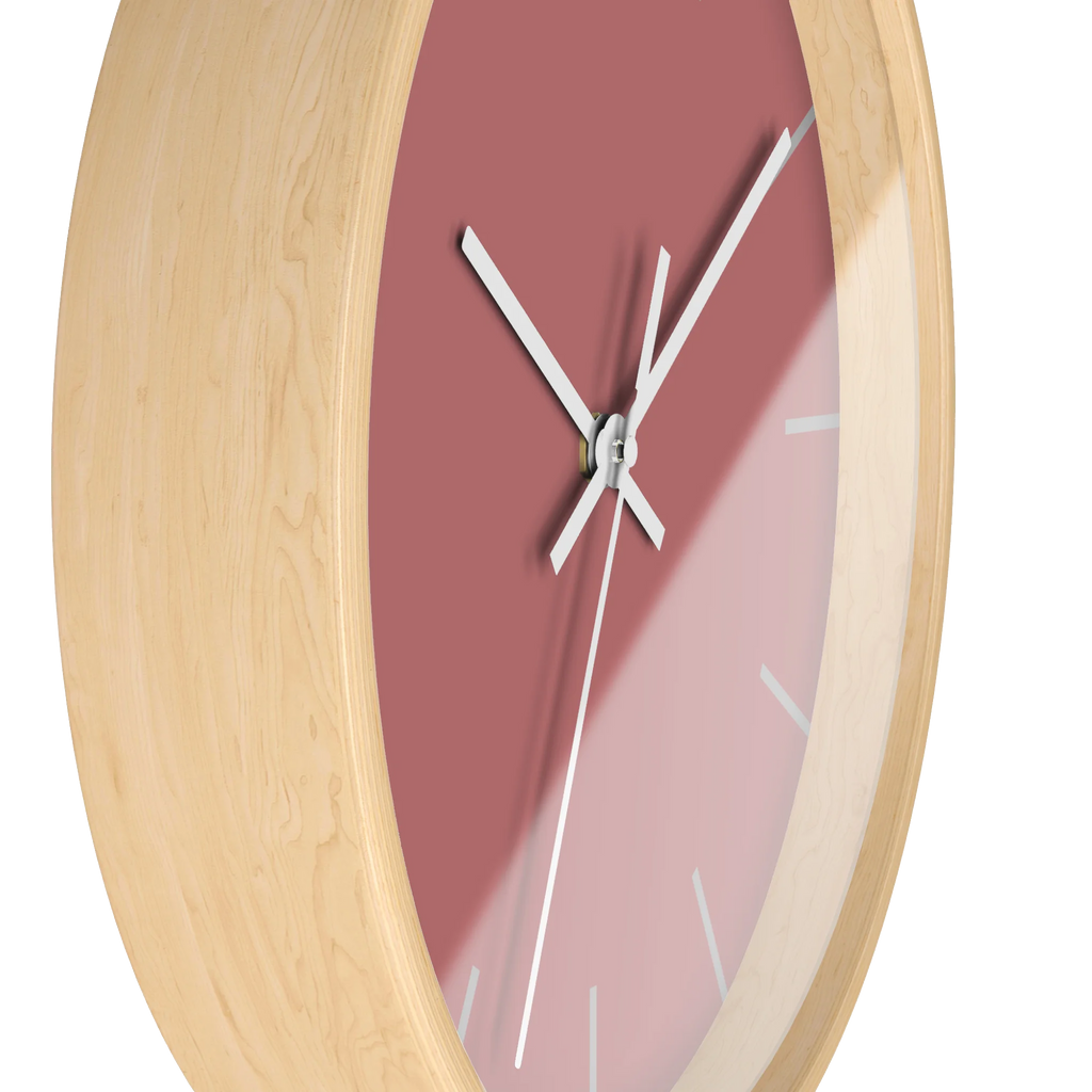 Adore pink silent wall clock, wooden base, white hands, stardust grey markers, 10 inch, side view.