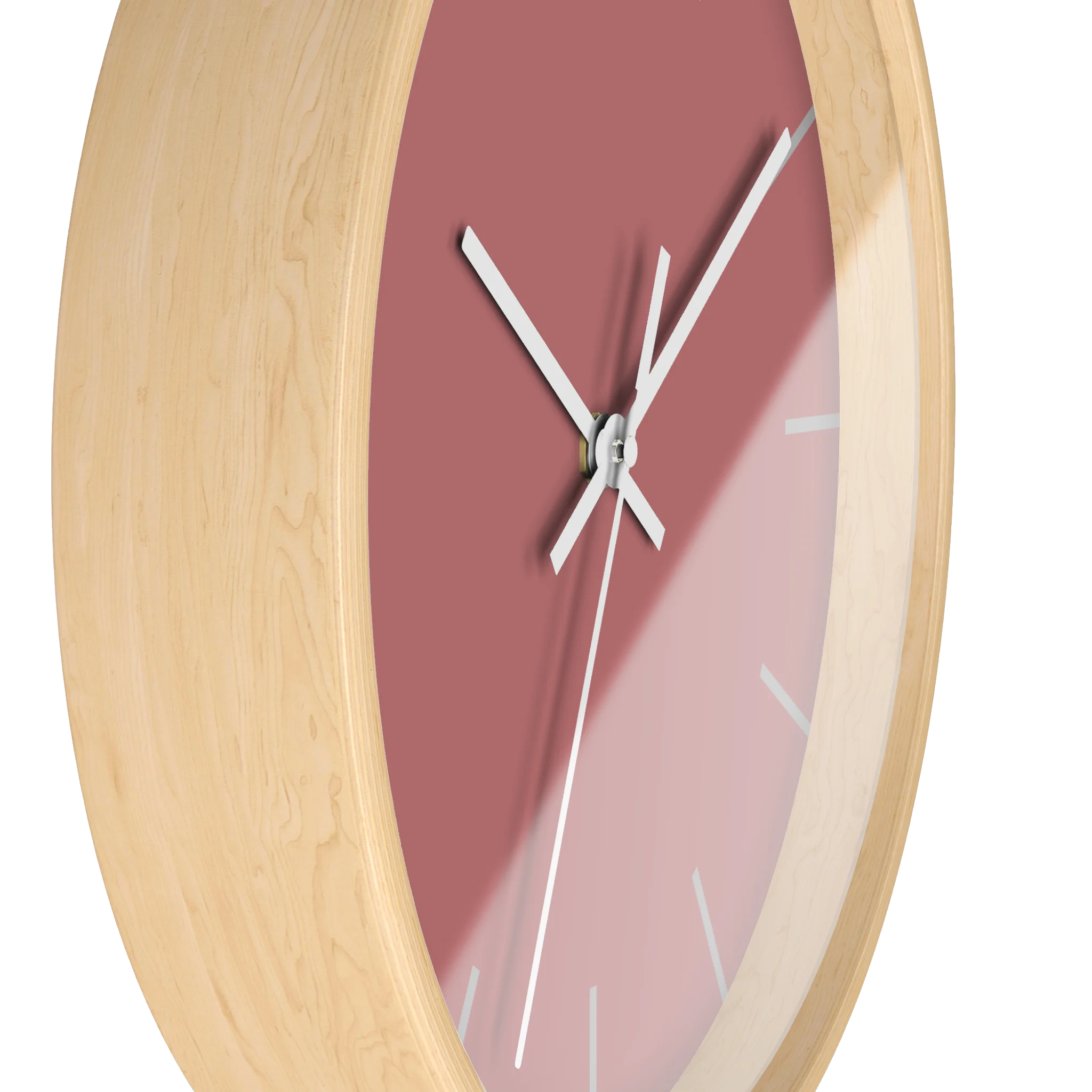 Adore pink silent wall clock, wooden base, white hands, stardust grey markers, 10 inch, side view.