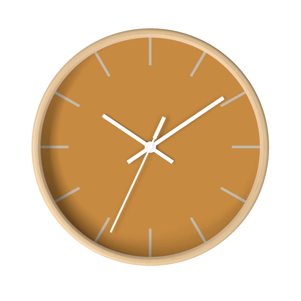 Amber apple cider silent wall clock, wooden base, white hands, ivory grey markers, 10 inch, front view.