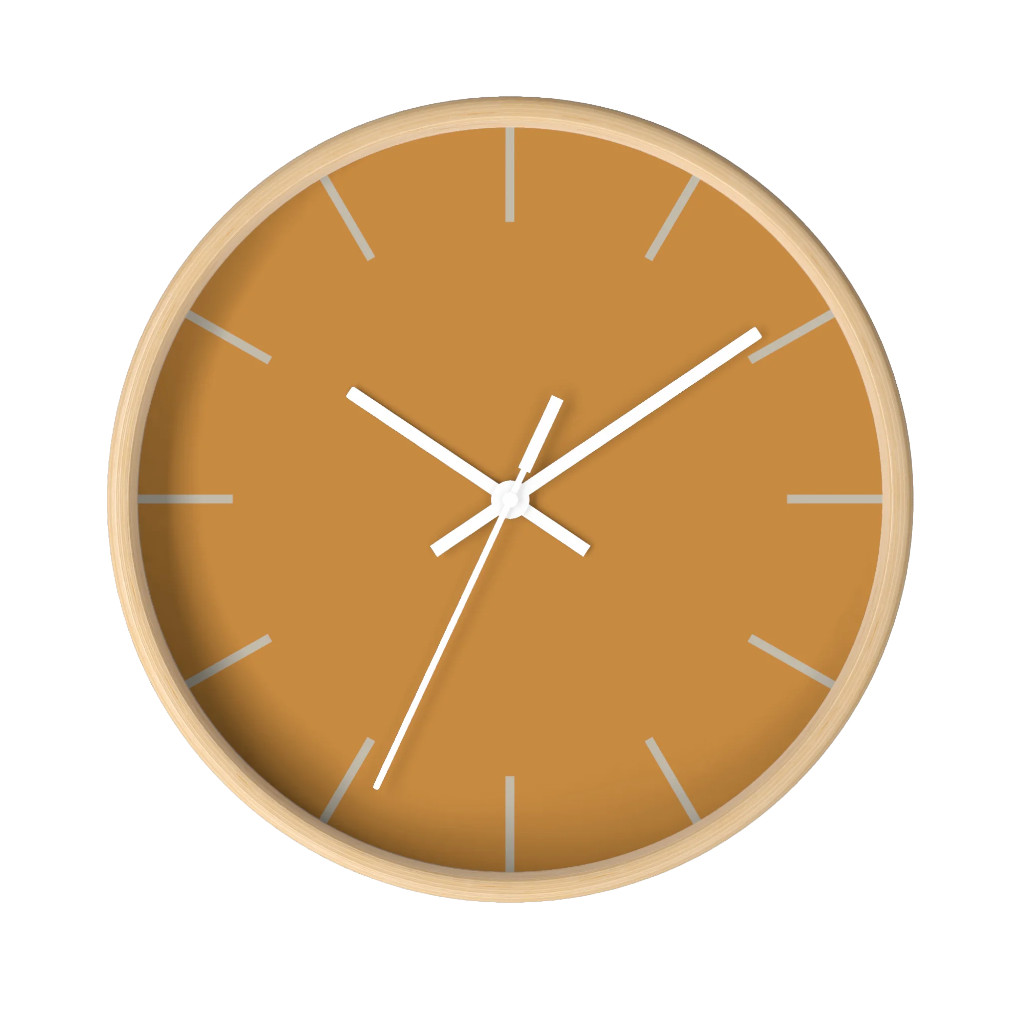 Amber apple cider silent wall clock, wooden base, white hands, ivory grey markers, 10 inch, front view.