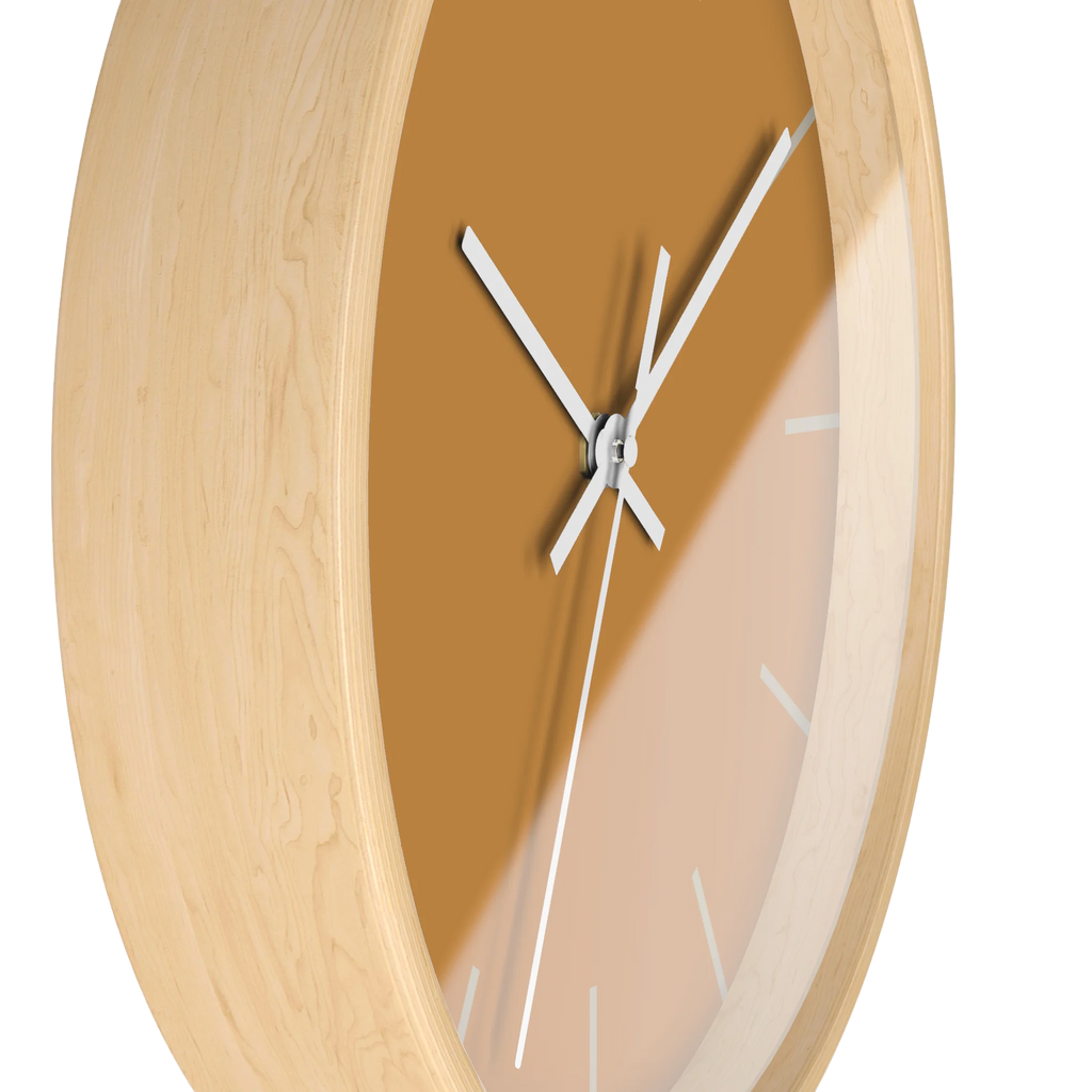 Amber apple cider silent wall clock, wooden base, white hands, ivory grey markers, 10 inch, side view.