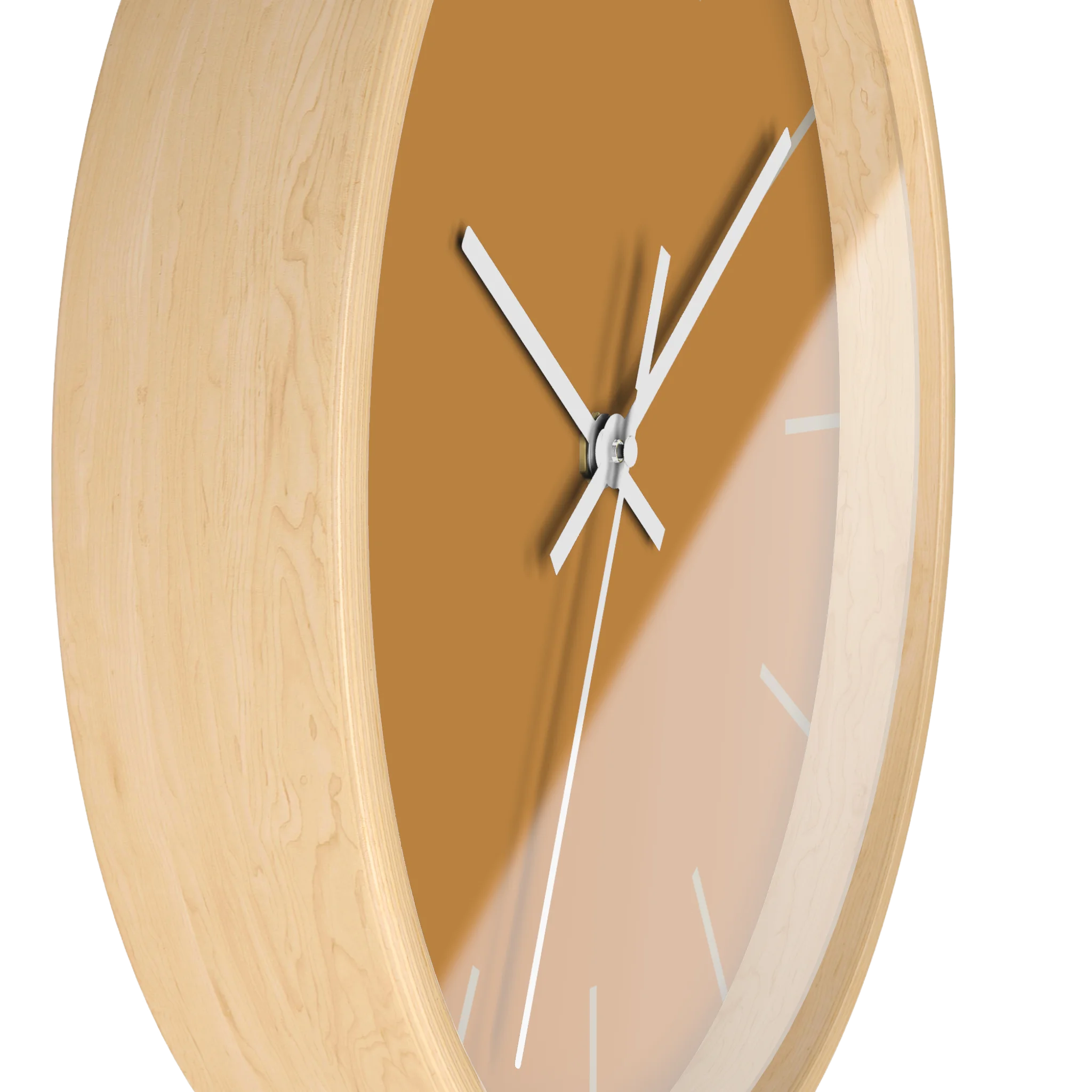 Amber apple cider silent wall clock, wooden base, white hands, ivory grey markers, 10 inch, side view.