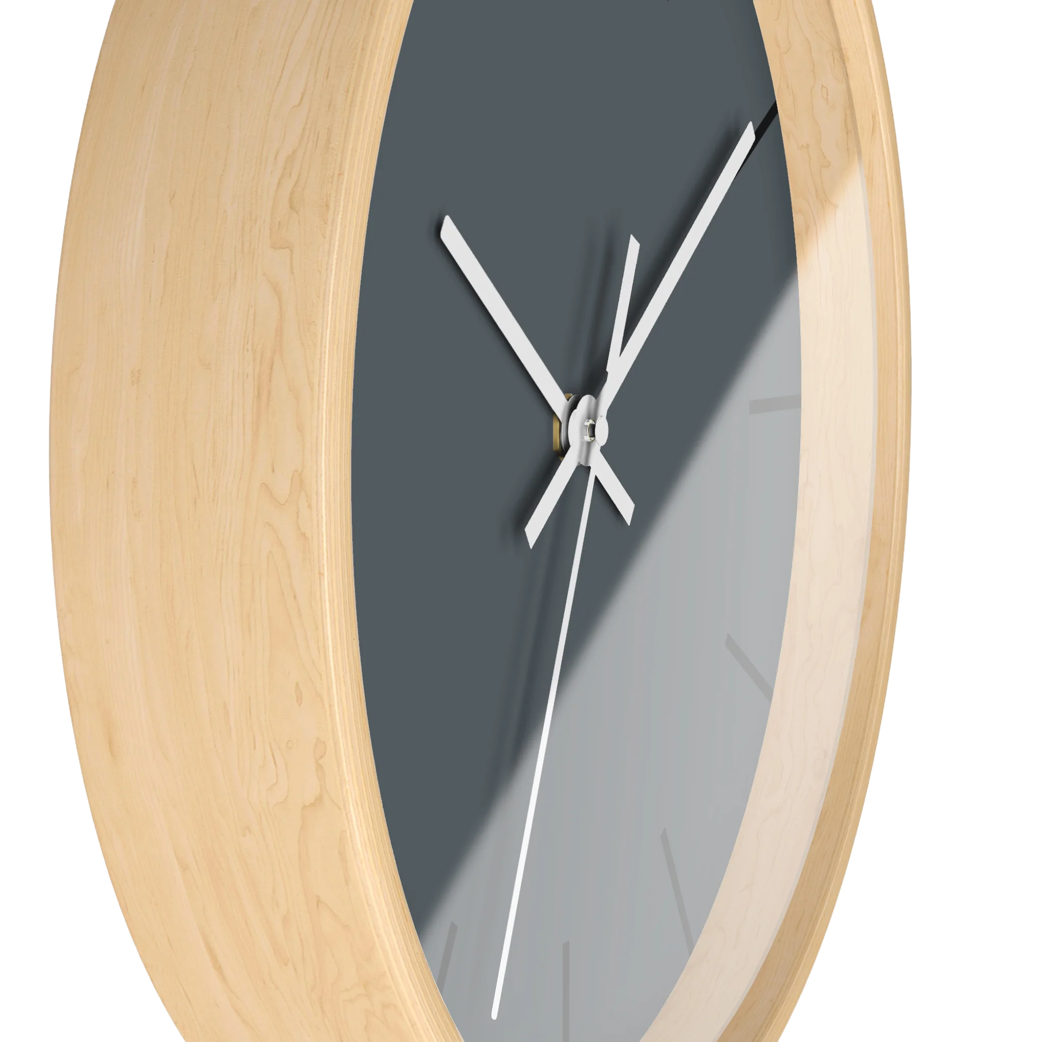 Anchor grey slate silent wall clock, wooden base, white hands, black markers, 10 inch, side view.