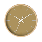 Ash mustard silent wall clock, wooden base, white hands, stardust grey markers, 10 inch, front view.