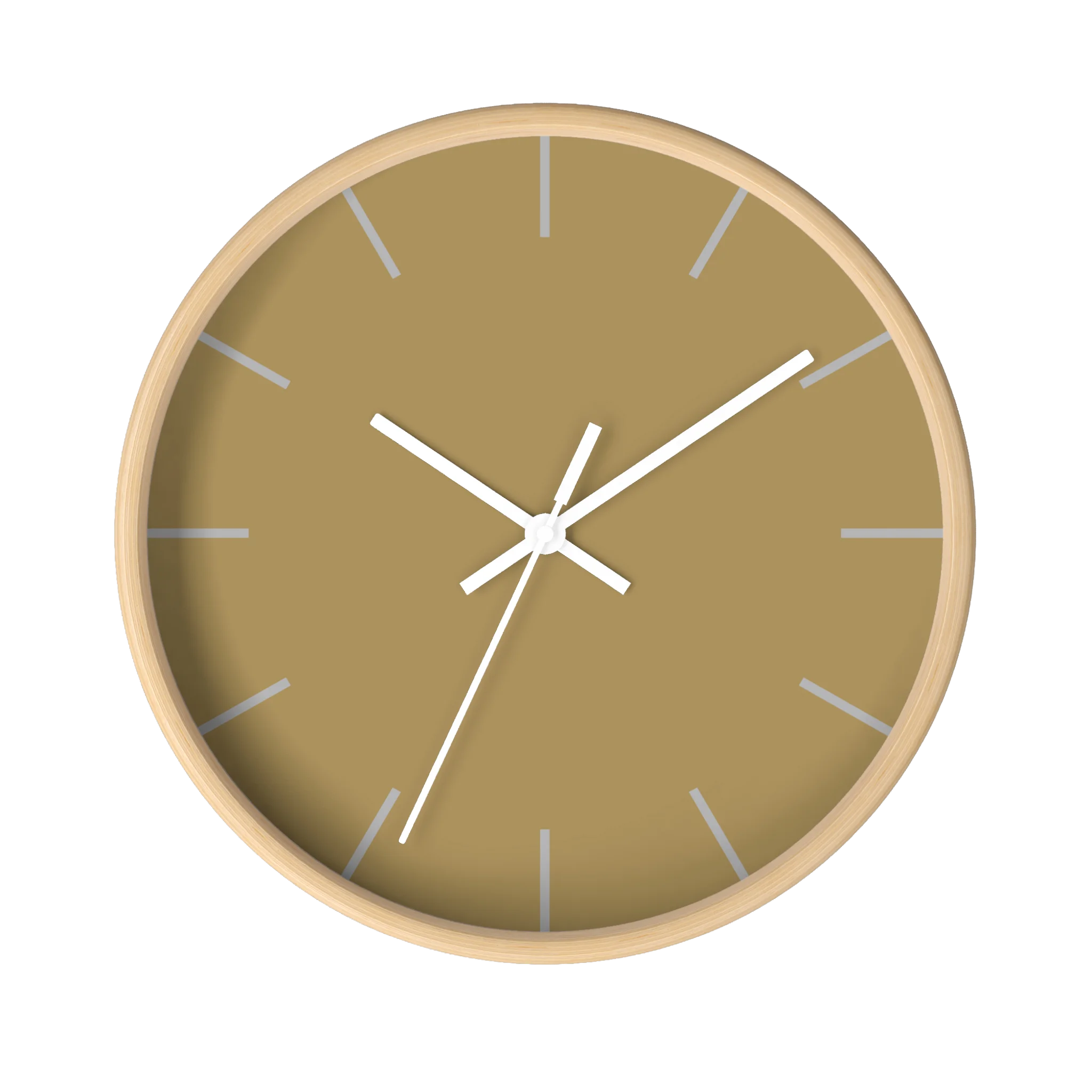 Ash mustard silent wall clock, wooden base, white hands, stardust grey markers, 10 inch, front view.