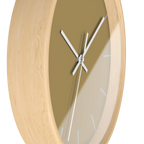 Ash mustard silent wall clock, wooden base, white hands, stardust grey markers, 10 inch, side view.