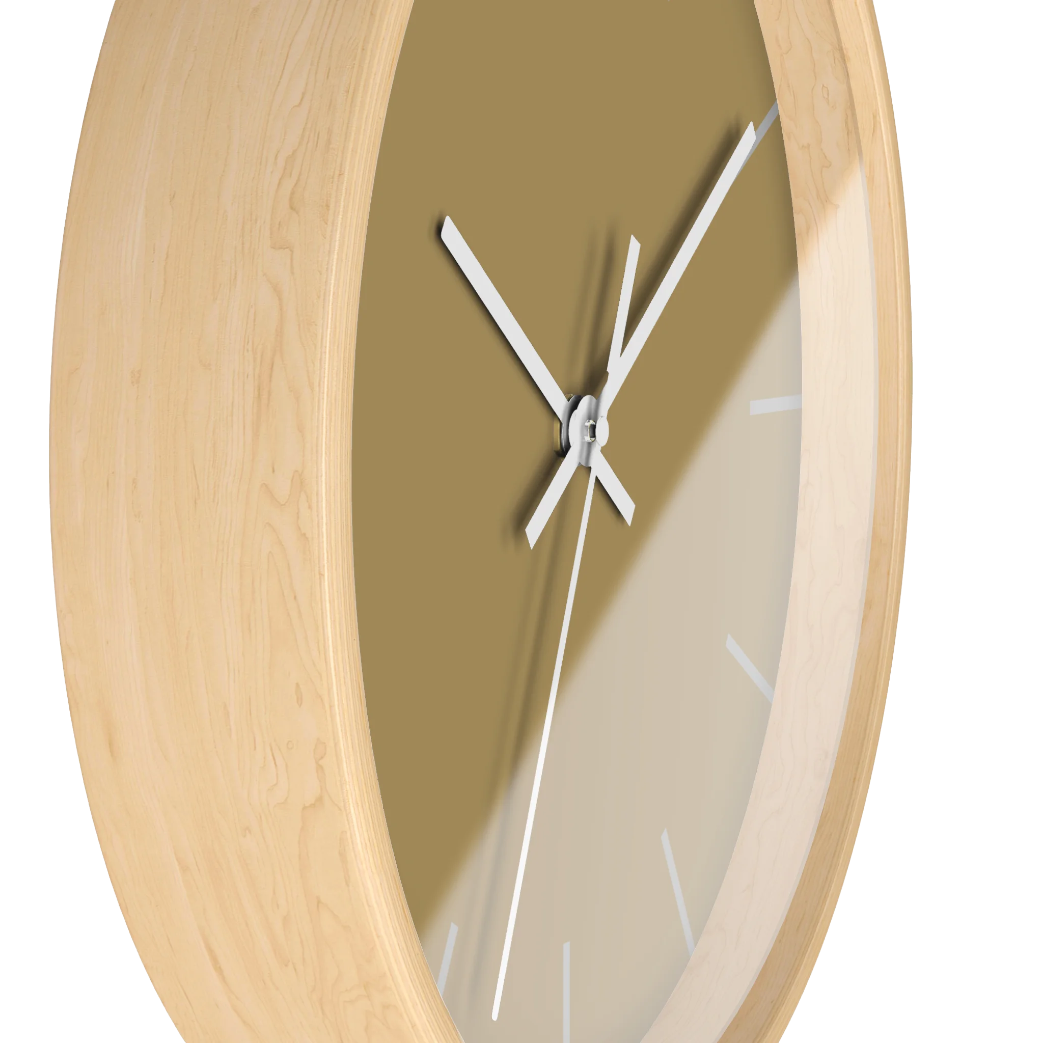 Ash mustard silent wall clock, wooden base, white hands, stardust grey markers, 10 inch, side view.