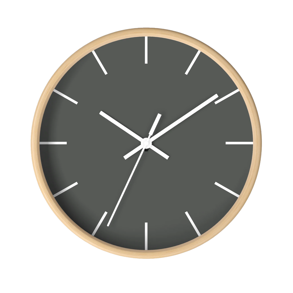 Atomic grey silent wall clock, wooden base, white hands, white markers, 10 inch, front view.