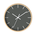 Atomic grey silent wall clock, wooden base, white hands, white markers, 10 inch, front view.