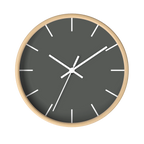 Atomic grey silent wall clock, wooden base, white hands, white markers, 10 inch, front view.