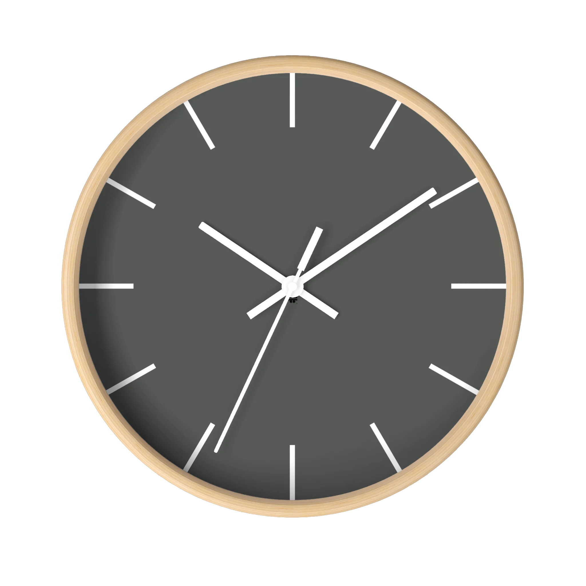 Atomic grey silent wall clock, wooden base, white hands, white markers, 10 inch, front view.