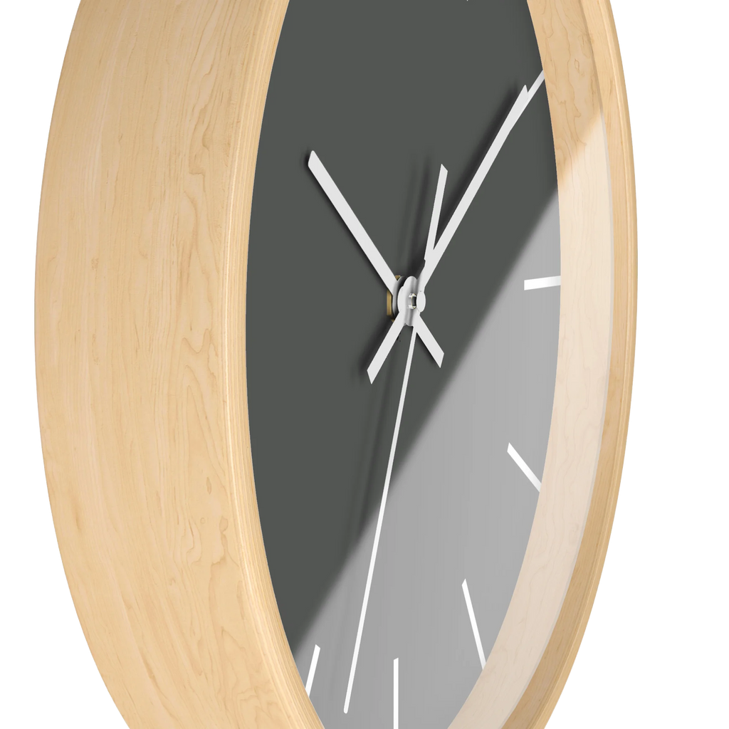 Atomic grey silent wall clock, wooden base, white hands, white markers, 10 inch, side view.