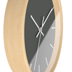 Atomic grey silent wall clock, wooden base, white hands, white markers, 10 inch, side view.
