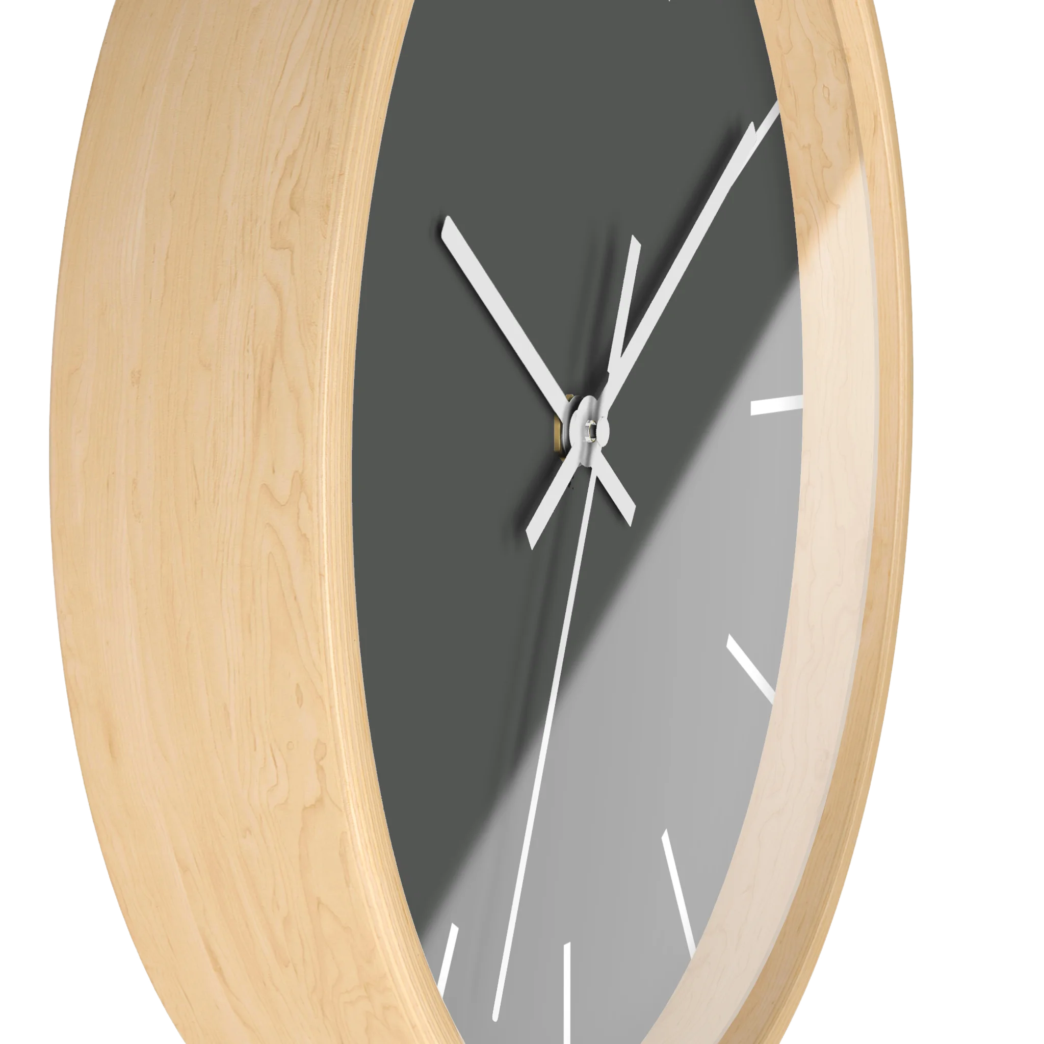 Atomic grey silent wall clock, wooden base, white hands, white markers, 10 inch, side view.