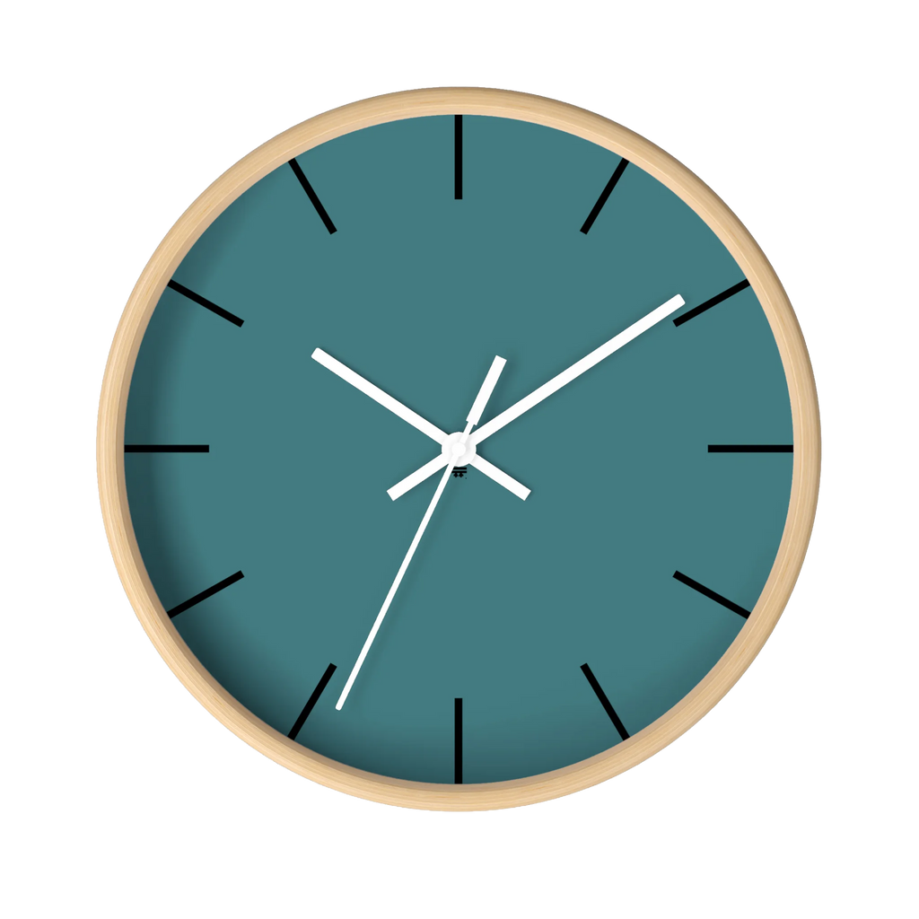 Bismark teal silent wall clock, wooden base, white hands, black markers, 10 inch, front view.