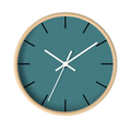 Bismark teal silent wall clock, wooden base, white hands, black markers, 10 inch, front view.