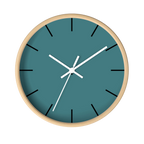 Bismark teal silent wall clock, wooden base, white hands, black markers, 10 inch, front view.