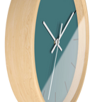 Bismark teal silent wall clock, wooden base, white hands, black markers, 10 inch, side view.