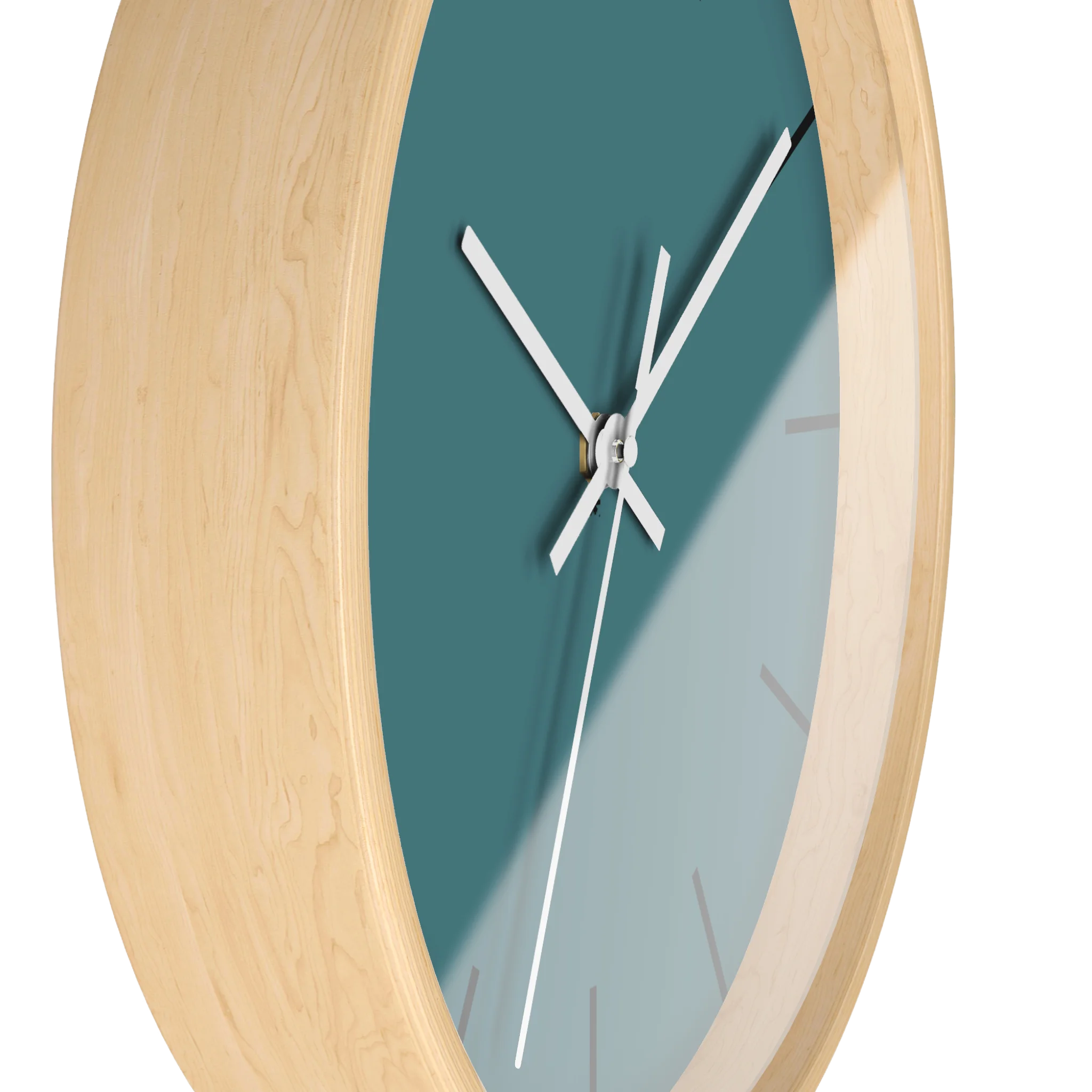 Bismark teal silent wall clock, wooden base, white hands, black markers, 10 inch, side view.