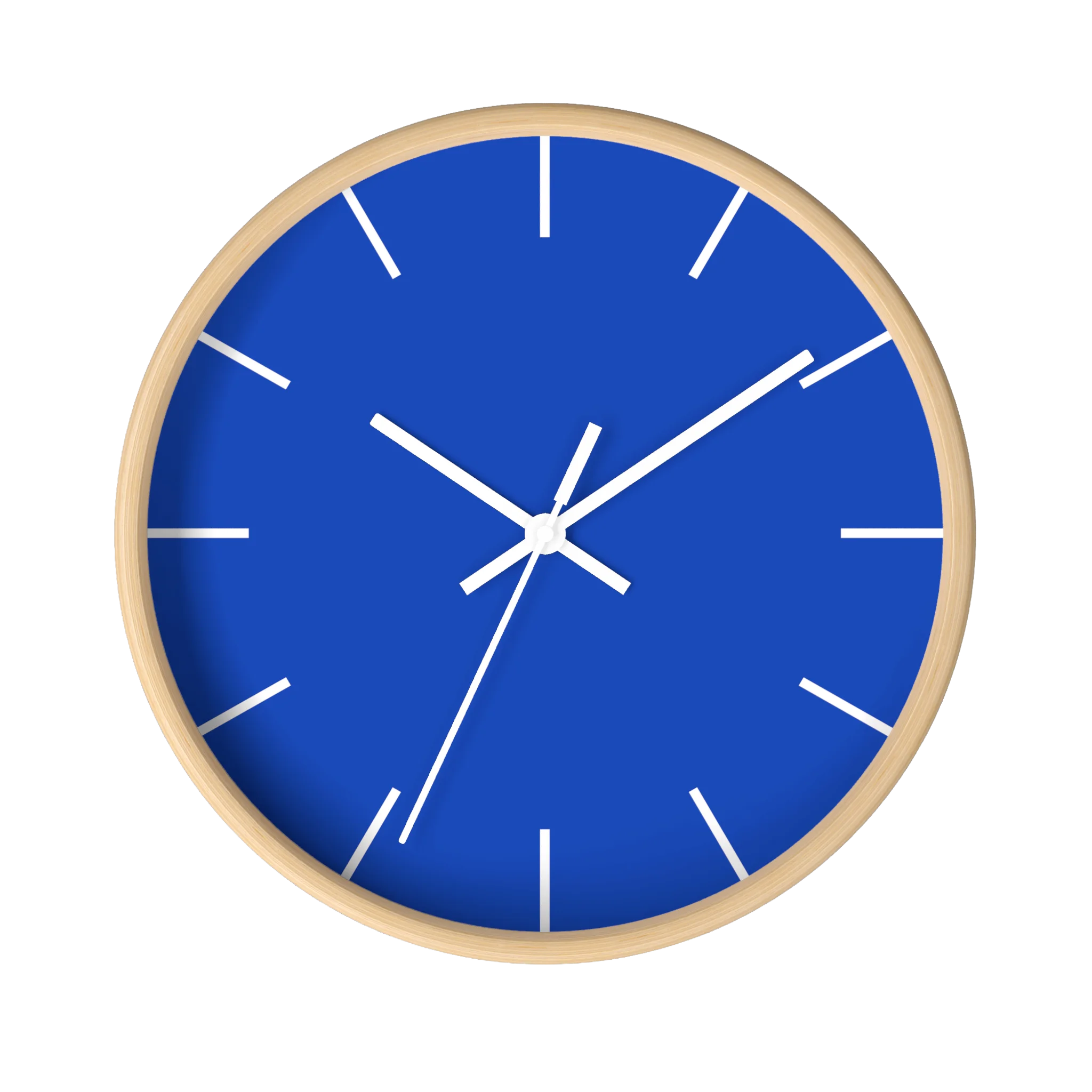 Blue silent wall clock, wooden base, white hands, white markers, 10 inch, front view.