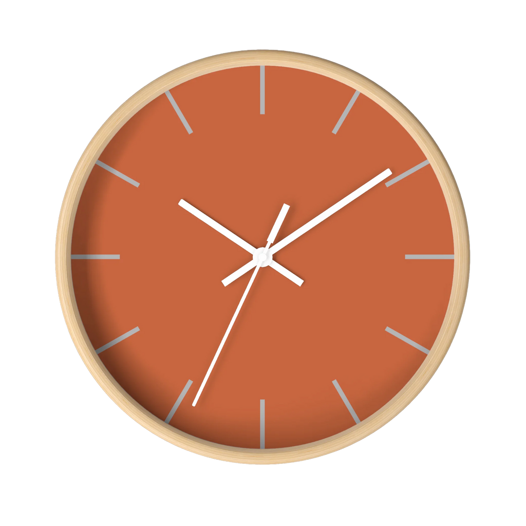 Boho rust orange silent wall clock, wooden base, white hands, light grey markers, 10 inch, front view.